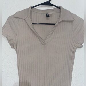 Divided Beige Ribbed Collared Top